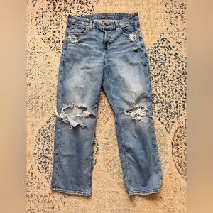 American Eagle Outfitters Blue Ripped Stretch Curvy Straight Jeans